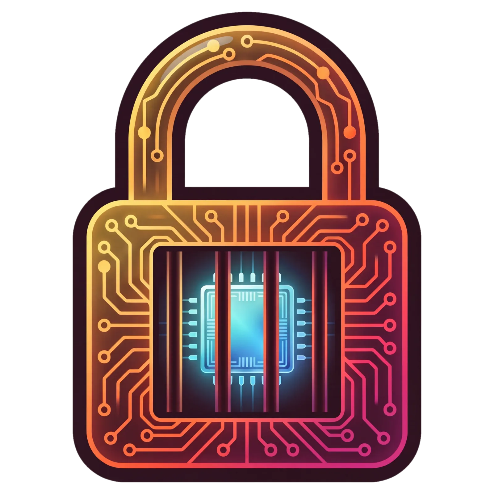 A padlock made of circuit traces. Behind the bars in its window sits a glowing microchip: the agent.
